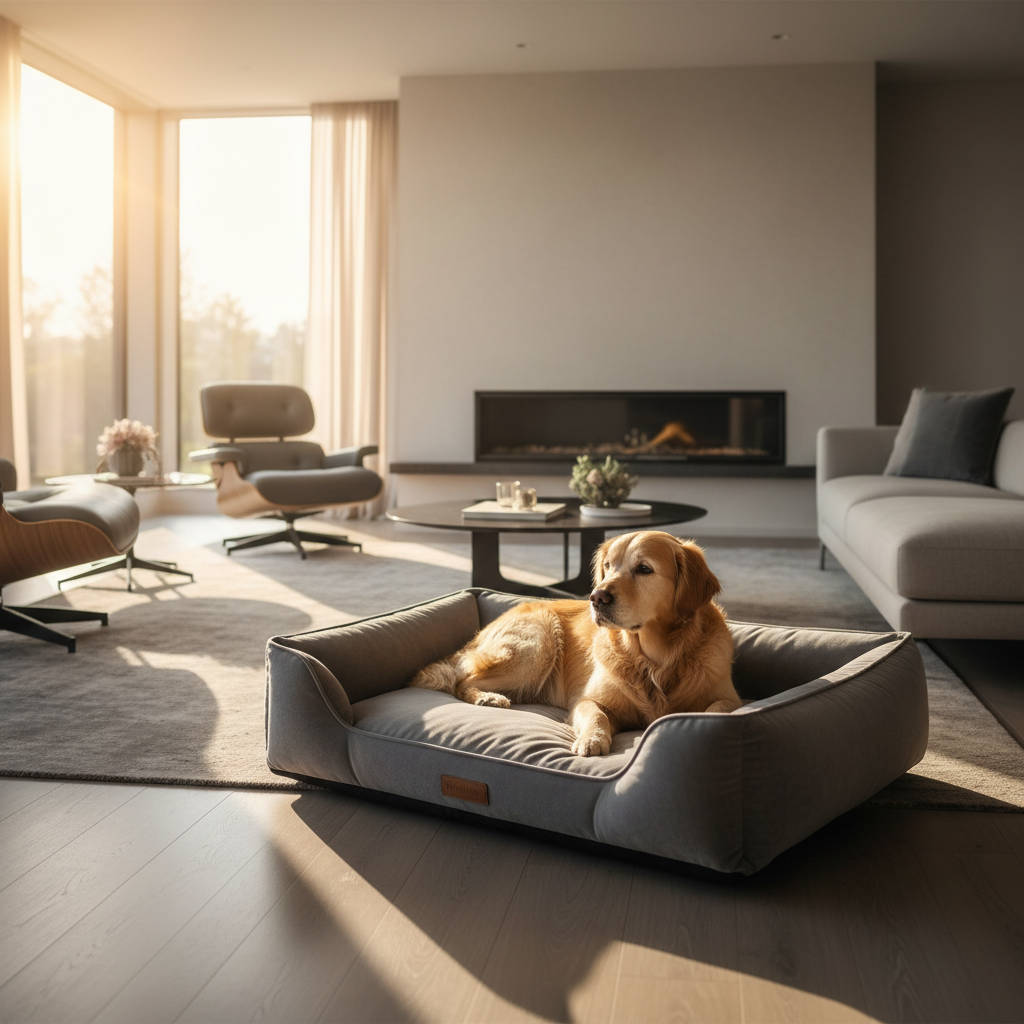 현대적인 거실 인테리어와 잘 어우러지는 회색 벨벳 소재의 고급 정형외과용 강아지 침대, 부드러운 질감이 강조된 클로즈업 샷과 따뜻한 햇살이 들어오는 창가 설정.