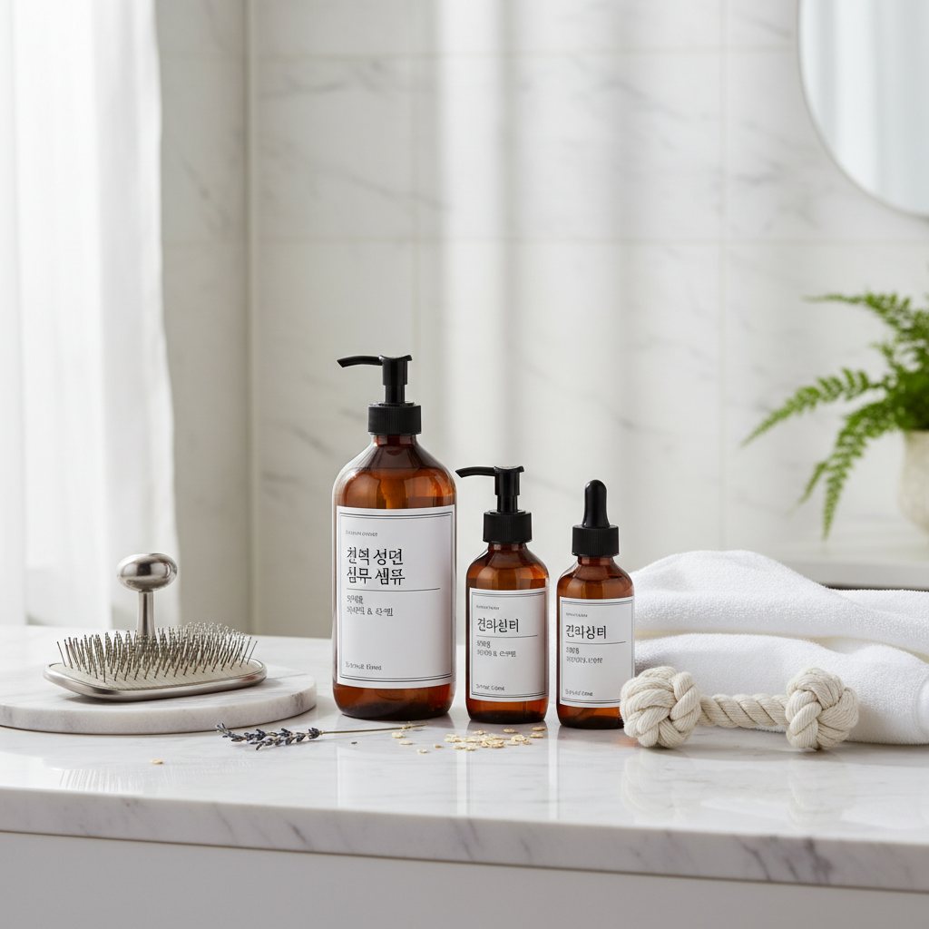 천연 성분 샴푸 병, 스테인리스 브러시, 부드러운 극세사 수건이 깔끔하게 정돈된 화이트 마블 욕실 배경의 강아지 그루밍 키트 이미지.