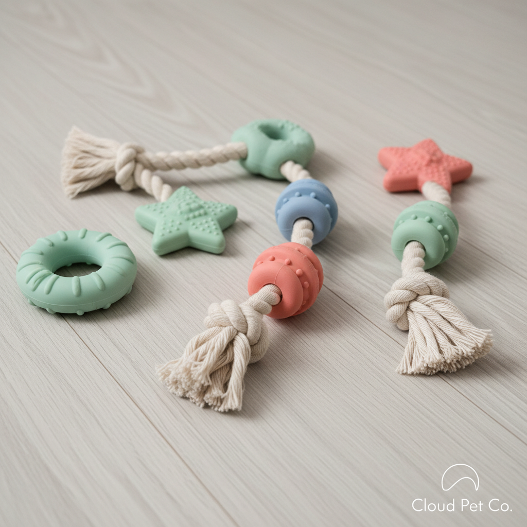 파스텔 톤의 견고한 고무 치발기 장난감과 로프 장난감들이 깨끗한 원목 바닥 위에 감각적으로 배치된 스튜디오 조명의 고품질 사진.