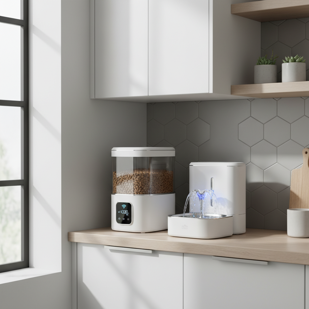 세련된 화이트 색상의 스마트 자동 급식기와 급수기가 현대적인 주방 한구석에 설치된 모습, 미니멀리즘 가전 디자인과 기술력이 느껴지는 선명한 이미지.